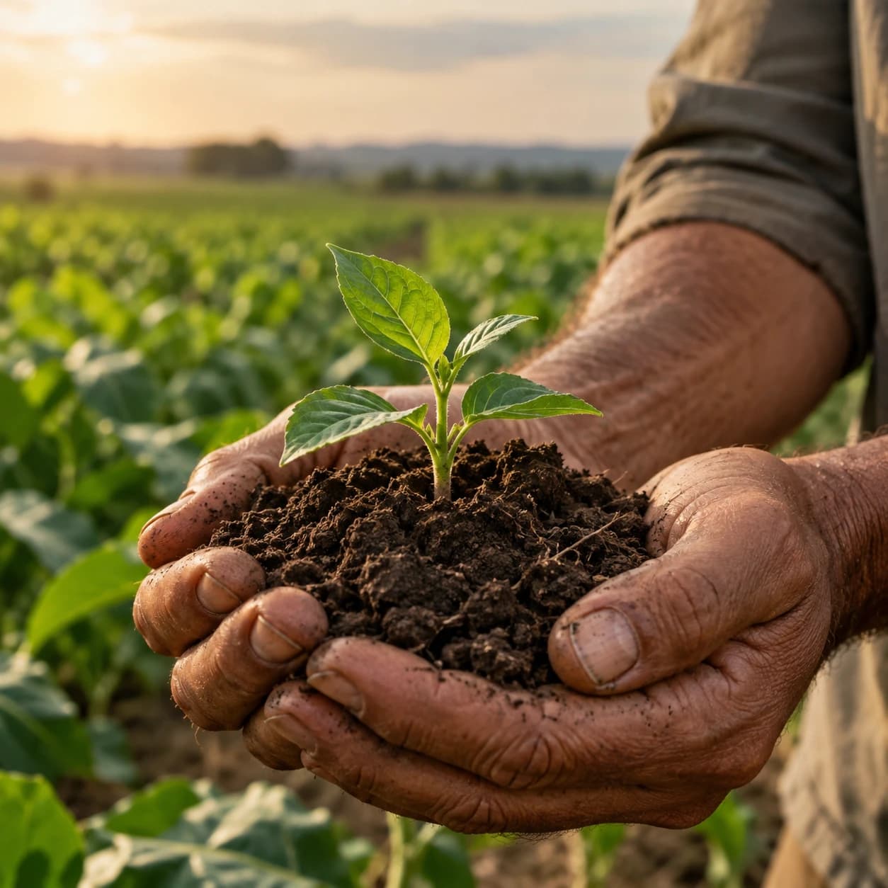 Mãos segurando uma muda plantada em terra fértil