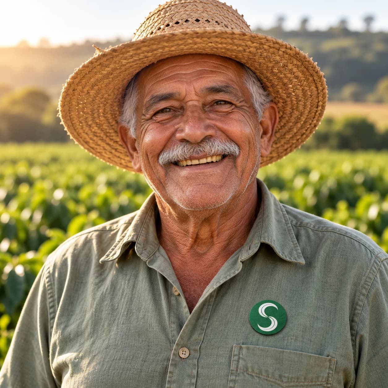 Agricultor sorrindo na plantação, com o broche do Selo Verde