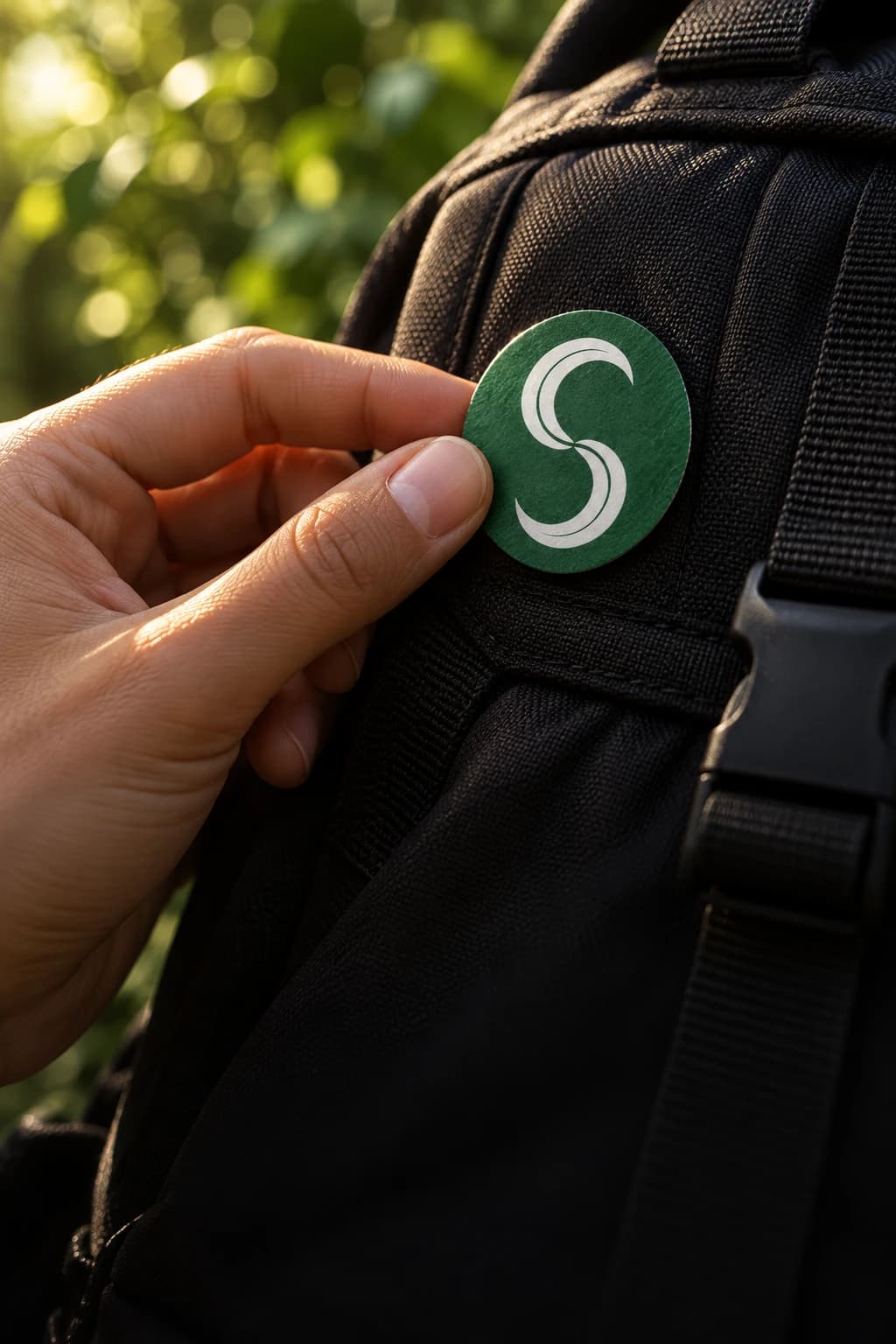Mão prendendo o broche do Selo Verde numa mochila