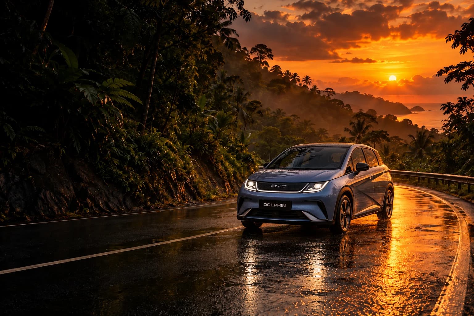 BYD Dolphin elétrico numa estrada cercada pela mata ao pôr do sol