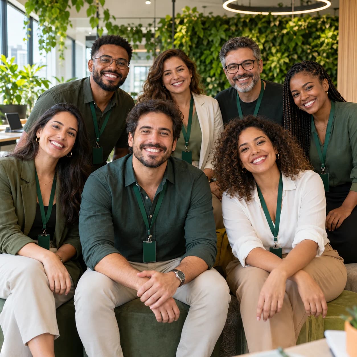 Equipe de uma empresa reunida e sorrindo no escritório