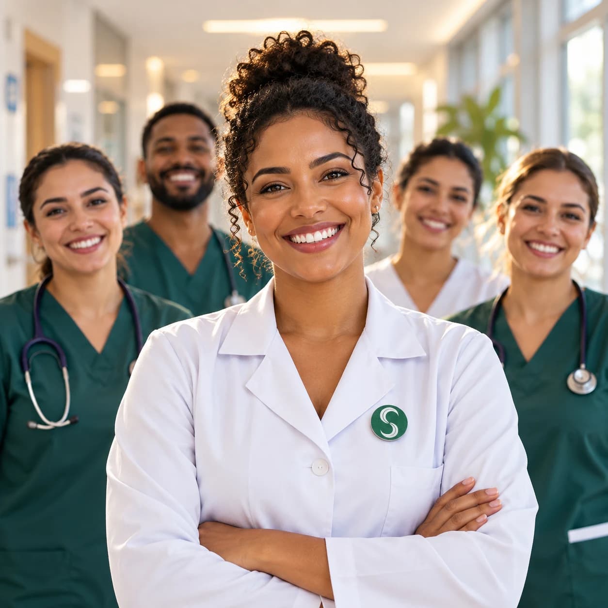 Médica de braços cruzados à frente da equipe de saúde, com o broche do Selo Verde