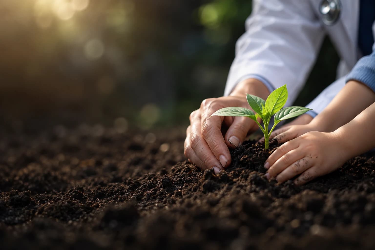 Mãos de um adulto e de uma criança plantando uma muda