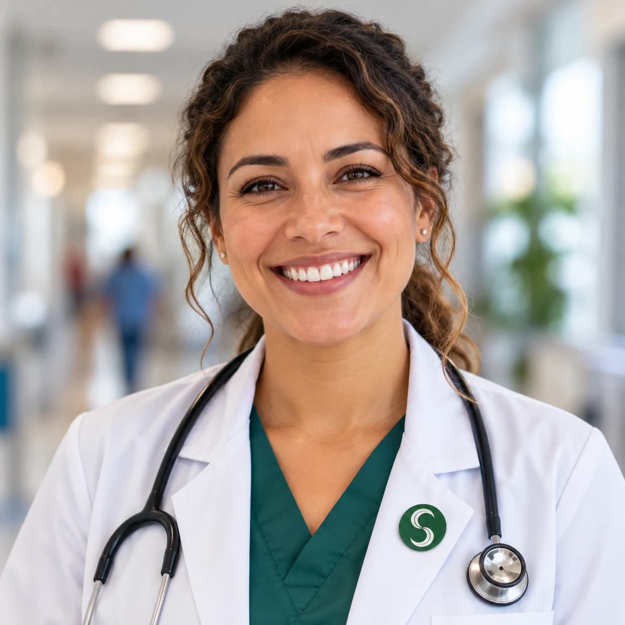 Médica sorrindo no corredor do hospital, com o broche do Selo Verde